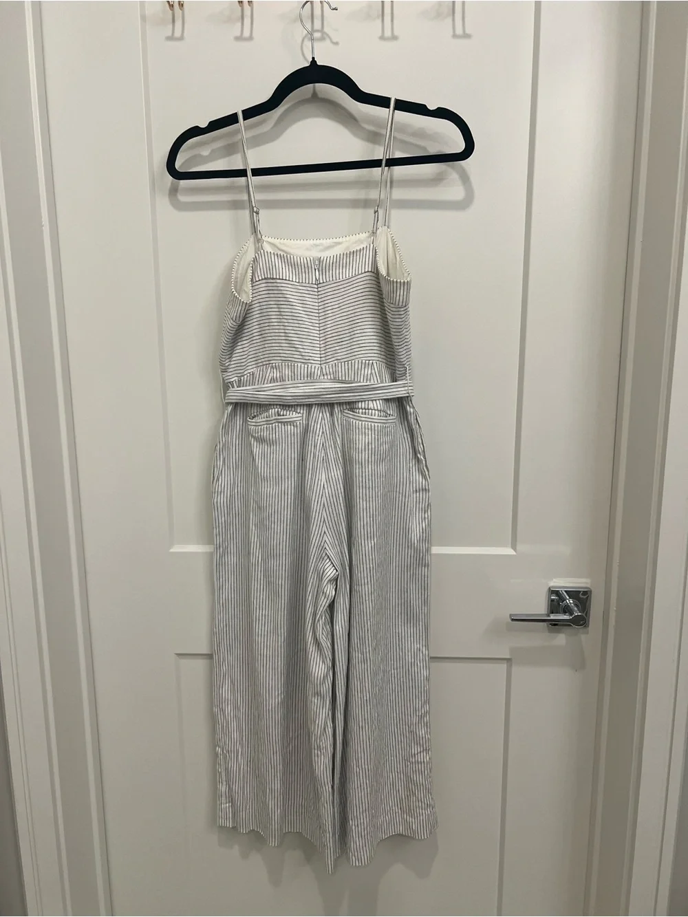 Banana Republic Striped White & Gray Spaghetti-Strap Jumpsuit with Waist Tie